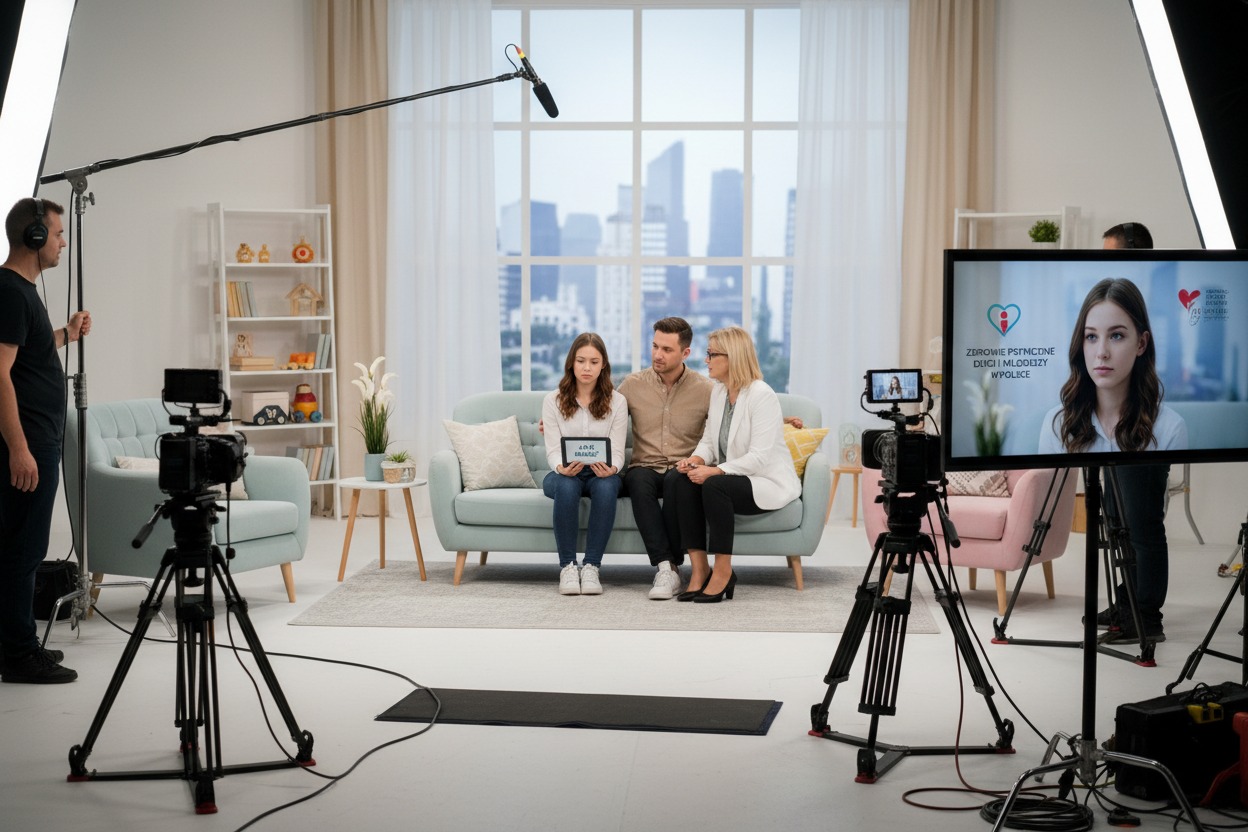 Trzy osoby siedzą na kanapie w telewizyjnym studiu nagraniowym, otoczone kamerami i profesjonalnym sprzętem oświetleniowym.