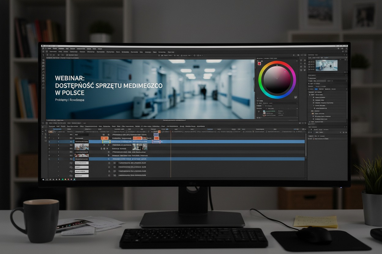 Monitor komputerowy wyświetla program do montażu wideo, na którym otwarty jest projekt webinaru o dostępności sprzętu medycznego w Polsce.