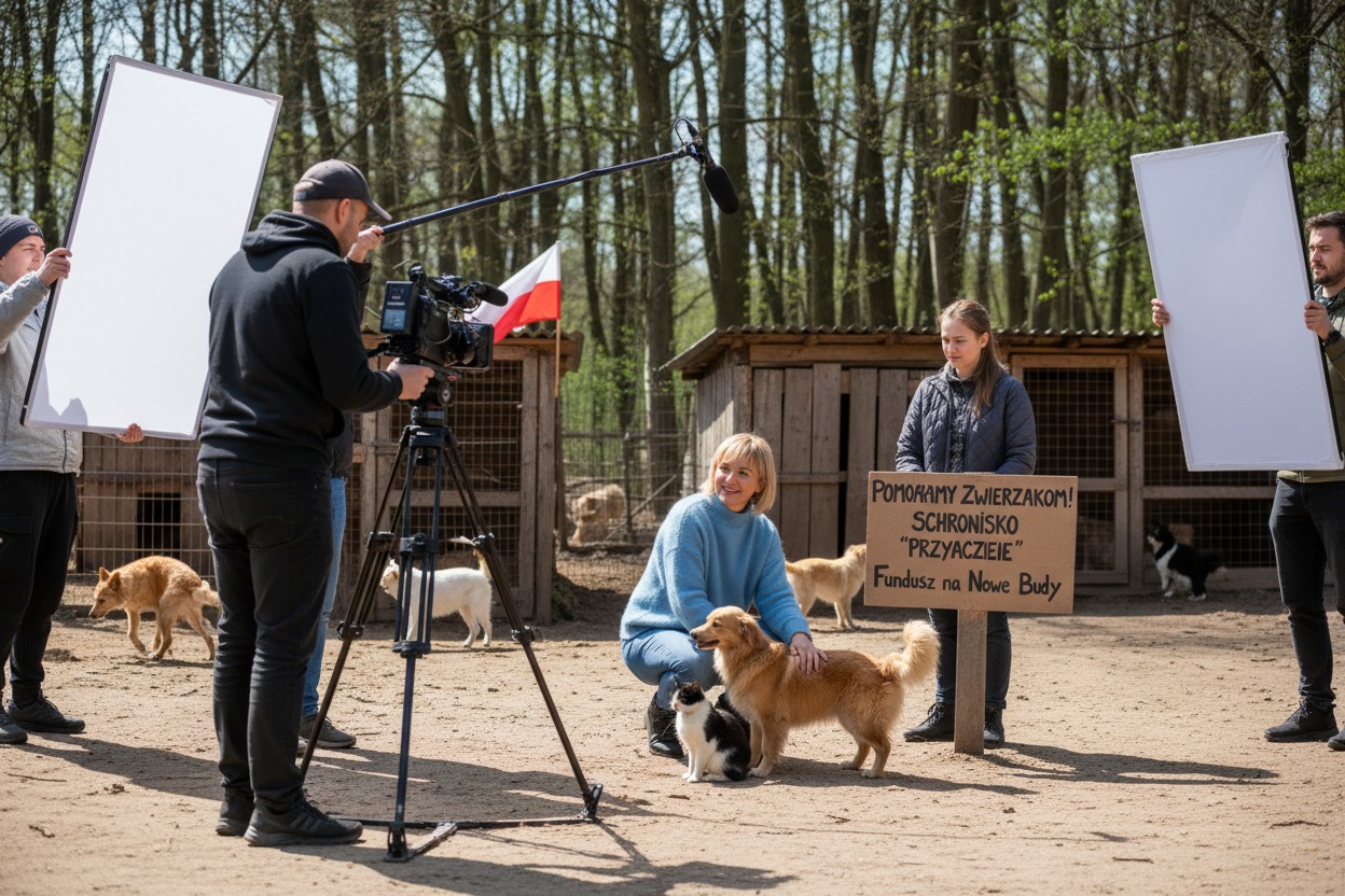Ekipa filmowa kręci materiał w schronisku dla zwierząt, gdzie kobieta głaszcze psa i kota w obecności innych pracowników oraz biegających w tle psów.